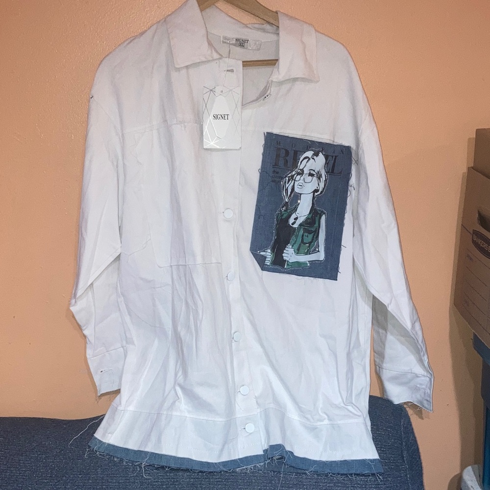 White Casual Button Down Shirt with Graphic Patch